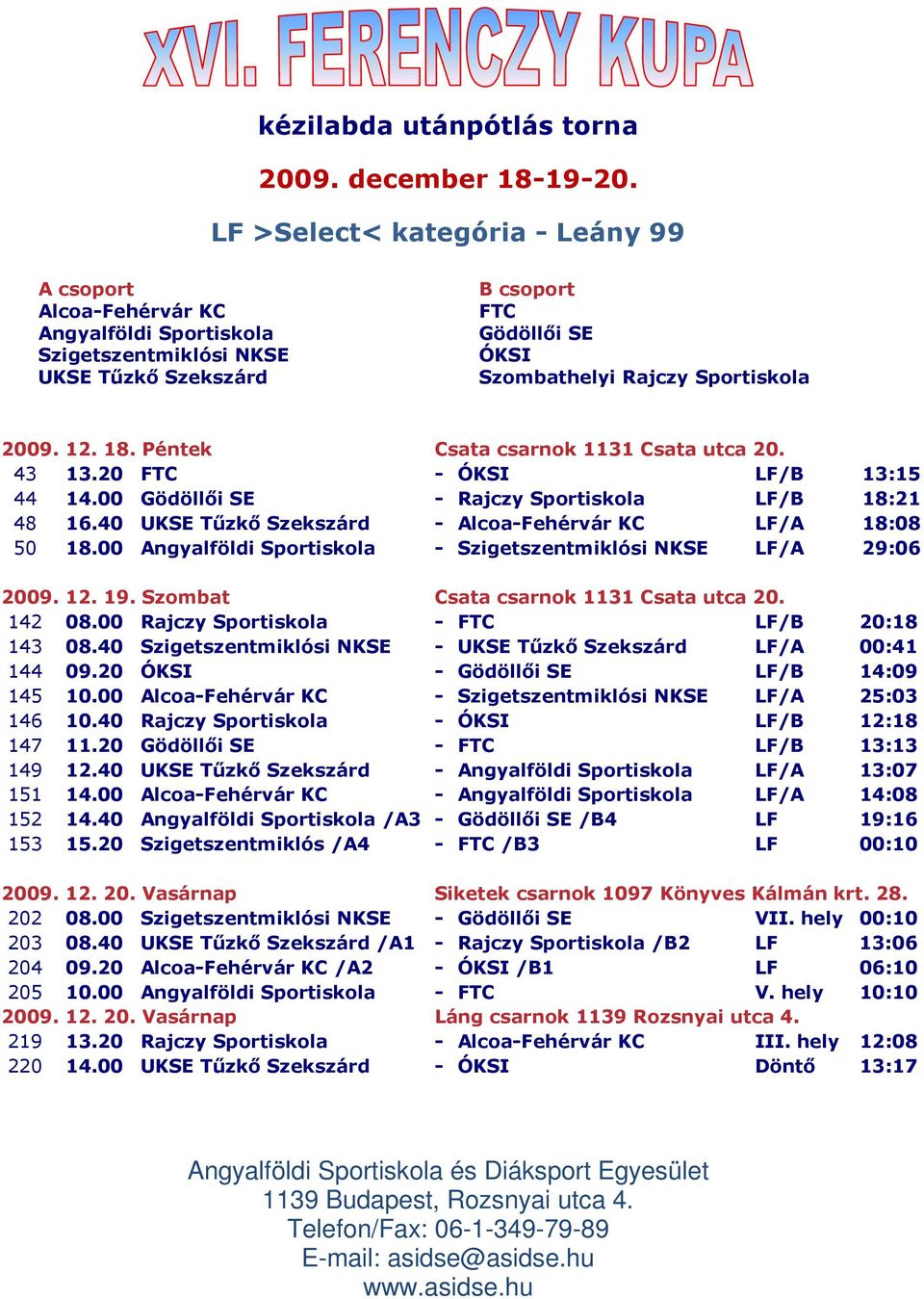 00 - Szigetszentmiklósi NKSE LF/A 29:06 2009. 12. 19. Szombat Csata csarnok 1131 Csata utca 20. 142 08.00 Rajczy Sportiskola - FTC LF/B 20:18 143 08.