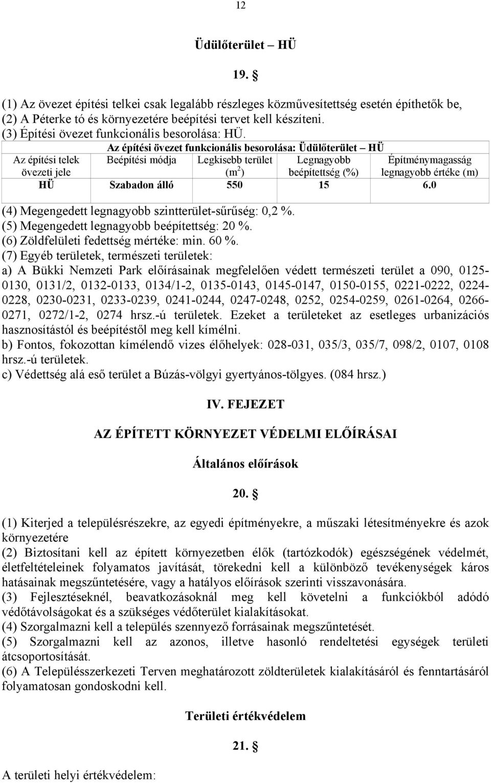 Az építési övezet funkcionális besorolása: Üdülőterület HÜ Az építési telek övezeti jele Beépítési módja Legkisebb terület (m 2 ) Legnagyobb beépítettség (%) HÜ Szabadon álló 550 15 6.