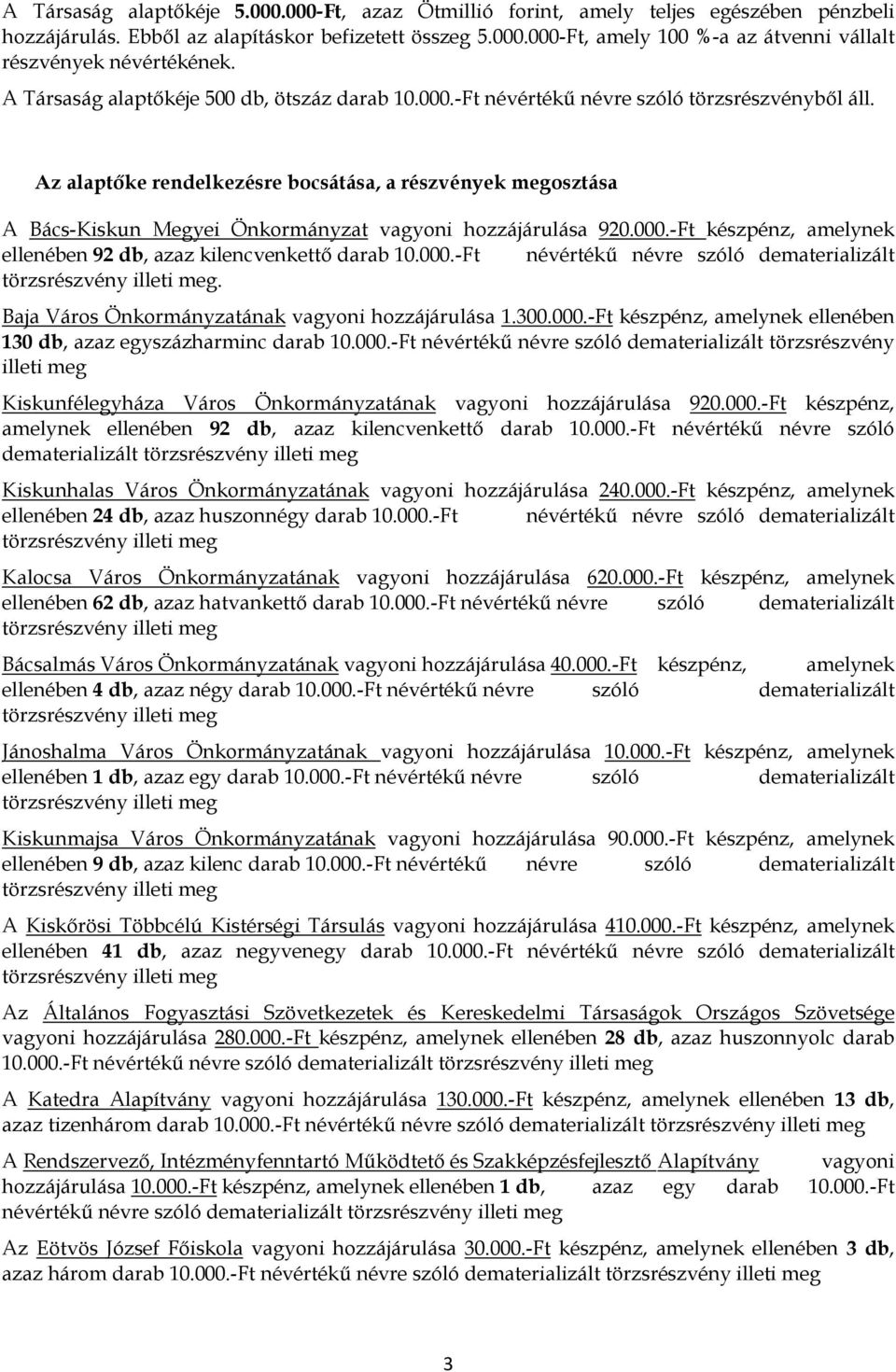 Az alaptőke rendelkezésre bocsátása, a részvények megosztása A Bács-Kiskun Megyei Önkormányzat vagyoni hozzájárulása 920.000.-Ft készpénz, amelynek ellenében 92 db, azaz kilencvenkettő darab 10.000.-Ft névértékű névre szóló dematerializált.