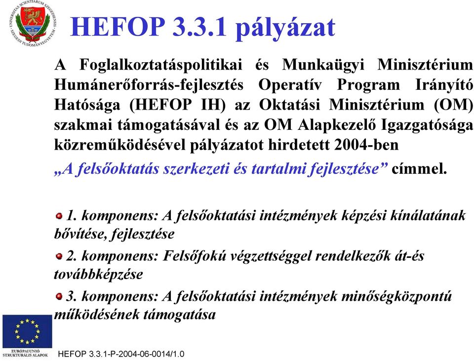 Minisztérium (OM) szakmai támogatásával és az OM Alapkezelő Igazgatósága közreműködésével pályázatot hirdetett 2004-ben A felsőoktatás szerkezeti és