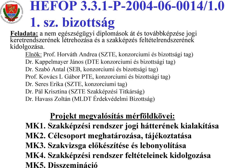 Kovács L Gábor PTE, konzorciumi és bizottsági tag) Dr. Seres Erika (SZTE, konzorciumi tag) Dr. Pál Krisztina (SZTE Szakképzési Titkárság) Dr.