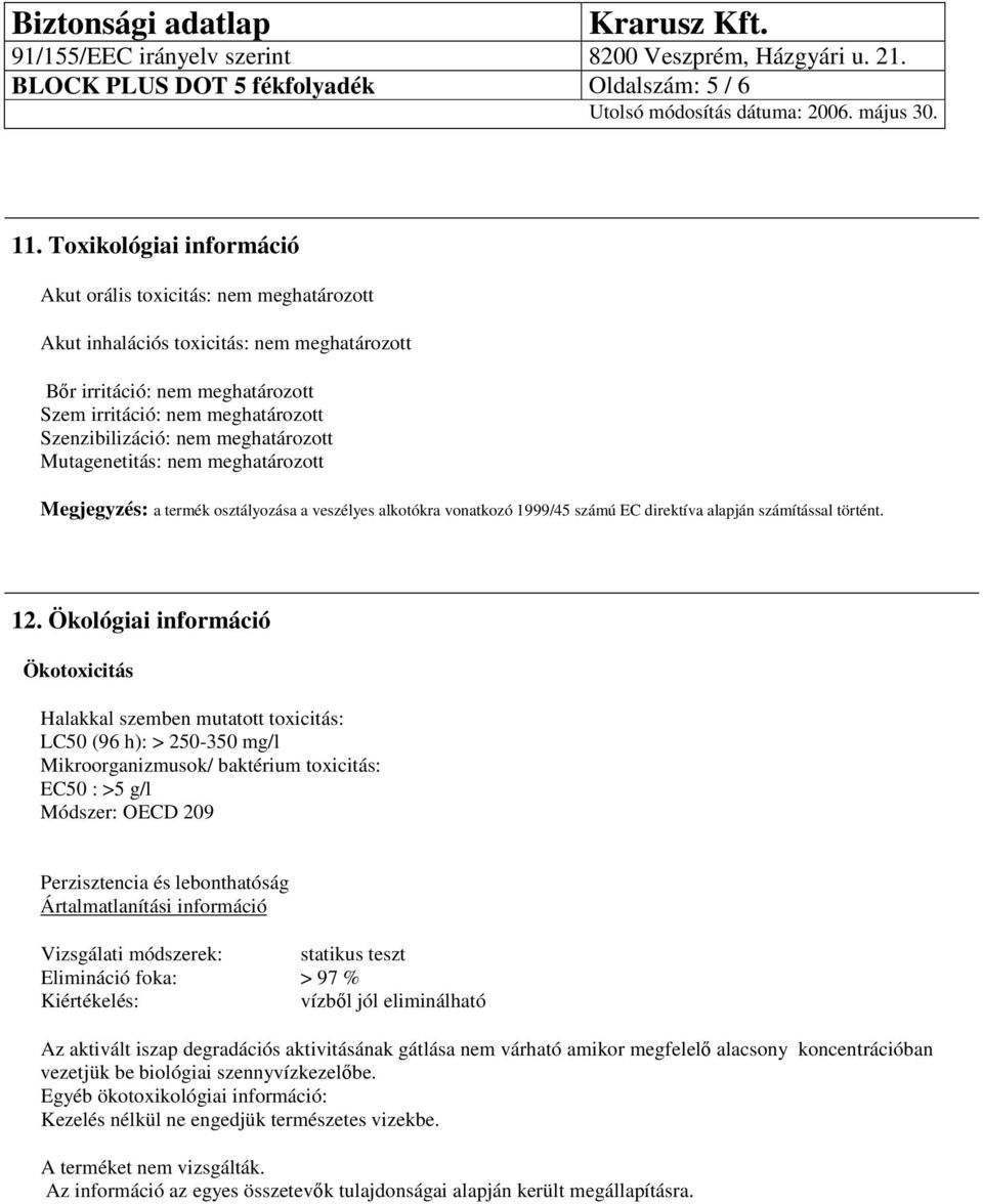 meghatározott Mutagenetitás: nem meghatározott Megjegyzés: a termék osztályozása a veszélyes alkotókra vonatkozó 1999/45 számú EC direktíva alapján számítással történt. 12.