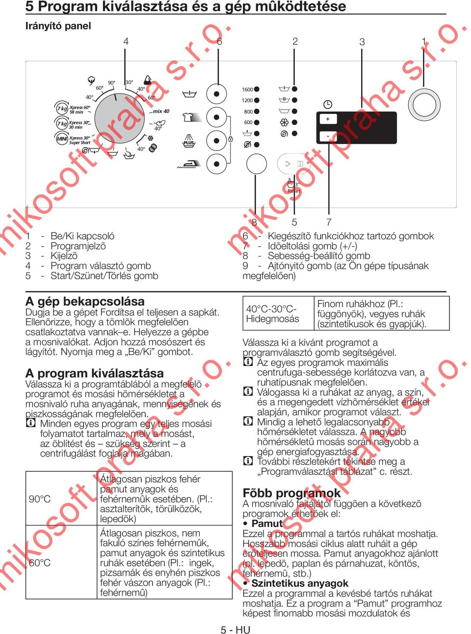 A program kiválasztása Válassza ki a programtáblából a megfelelõ programot és mosási hõmérsékletet a mosnivaló ruha anyagának, mennyiségének és piszkosságának megfelelõen.