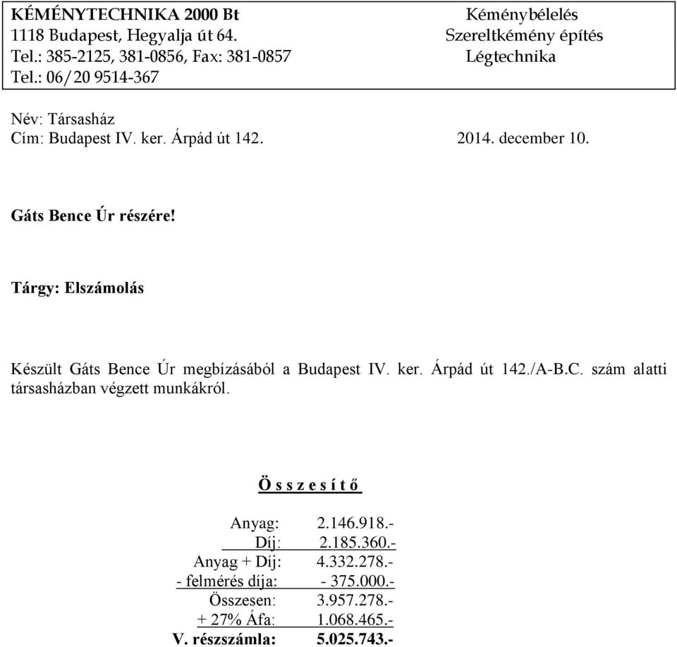 Gáts Bence Úr részére! Tárgy: Elszámolás Készült Gáts Bence Úr megbízásából a Budapest IV. ker. Árpád út 142./A-B.C.