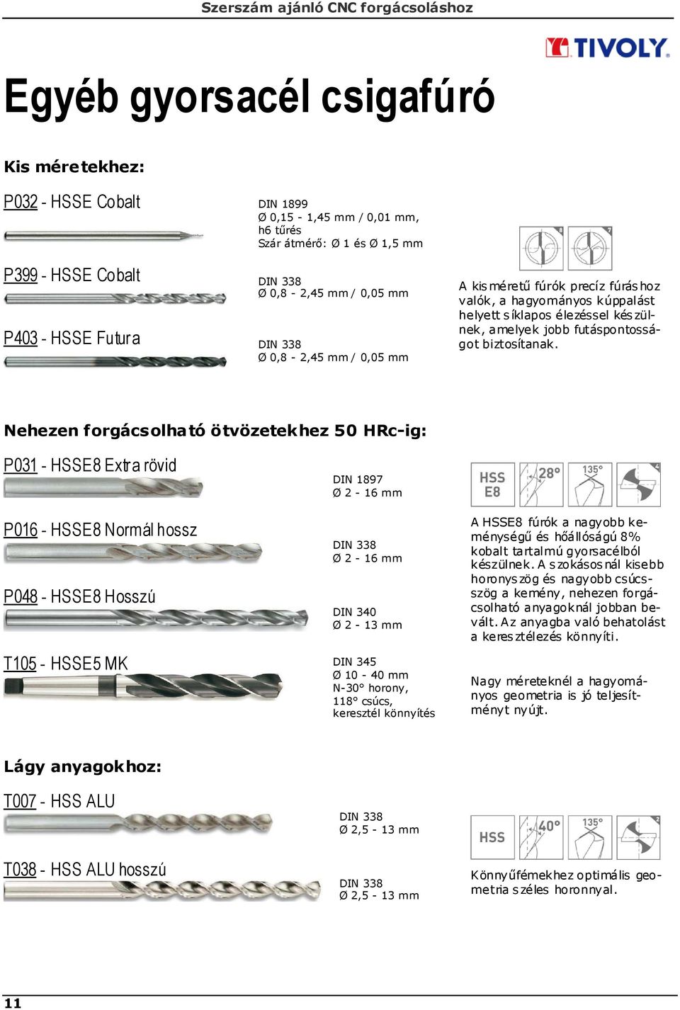 Nehezen forgácsolható ötvözetekhez 5 HRc-ig: P31 - HSSE8 Extra rövid P16 - HSSE8 Normál hossz P48 - HSSE8 Hosszú DIN 1897 Ø 2-16 mm DIN 338 Ø 2-16 mm DIN 34 Ø 2-13 mm A HSSE8 fúrók a nagyobb