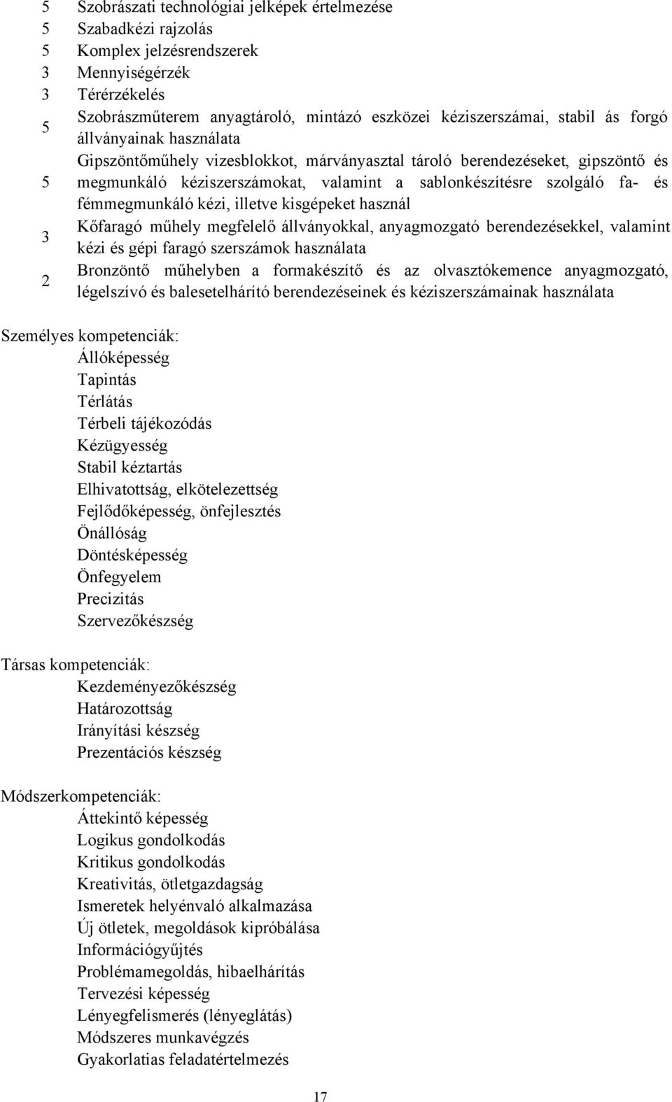 fémmegmunkáló kézi, illetve kisgépeket használ 3 Kőfaragó műhely megfelelő állványokkal, anyagmozgató berendezésekkel, valamint kézi és gépi faragó szerszámok használata 2 Bronzöntő műhelyben a