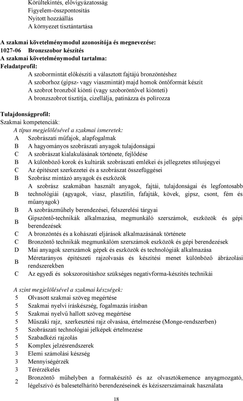 (vagy szoboröntővel kiönteti) A bronzszobrot tisztítja, cizellálja, patinázza és polírozza Tulajdonságprofil: Szakmai kompetenciák: A típus megjelölésével a szakmai ismeretek: A Szobrászati műfajok,