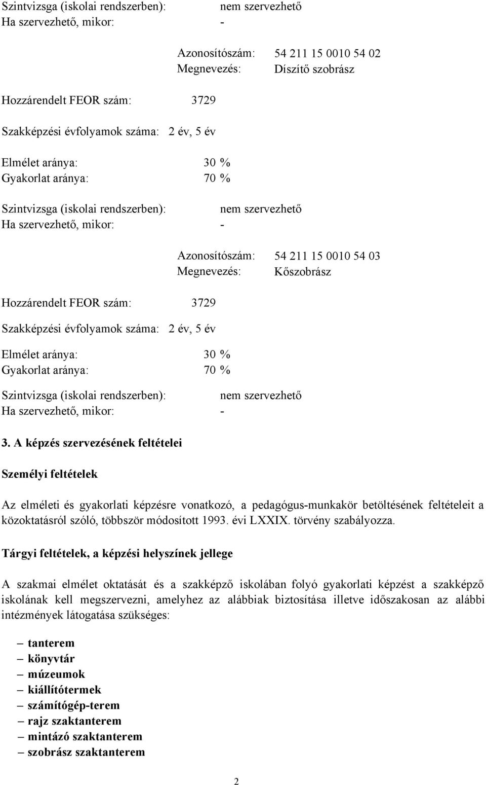 Hozzárendelt FEOR szám: 3729 Szakképzési évfolyamok száma: 2 év, 5 év Elmélet aránya: 30 % Gyakorlat aránya: 70 % Szintvizsga (iskolai rendszerben): Ha szervezhető, mikor: nem szervezhető - 3.