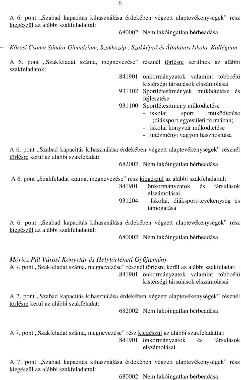 iskolai sport mőködtetése (diáksport egyesületi formában) - iskolai könyvtár mőködtetése - intézményi vagyon hasznosítása A 6.