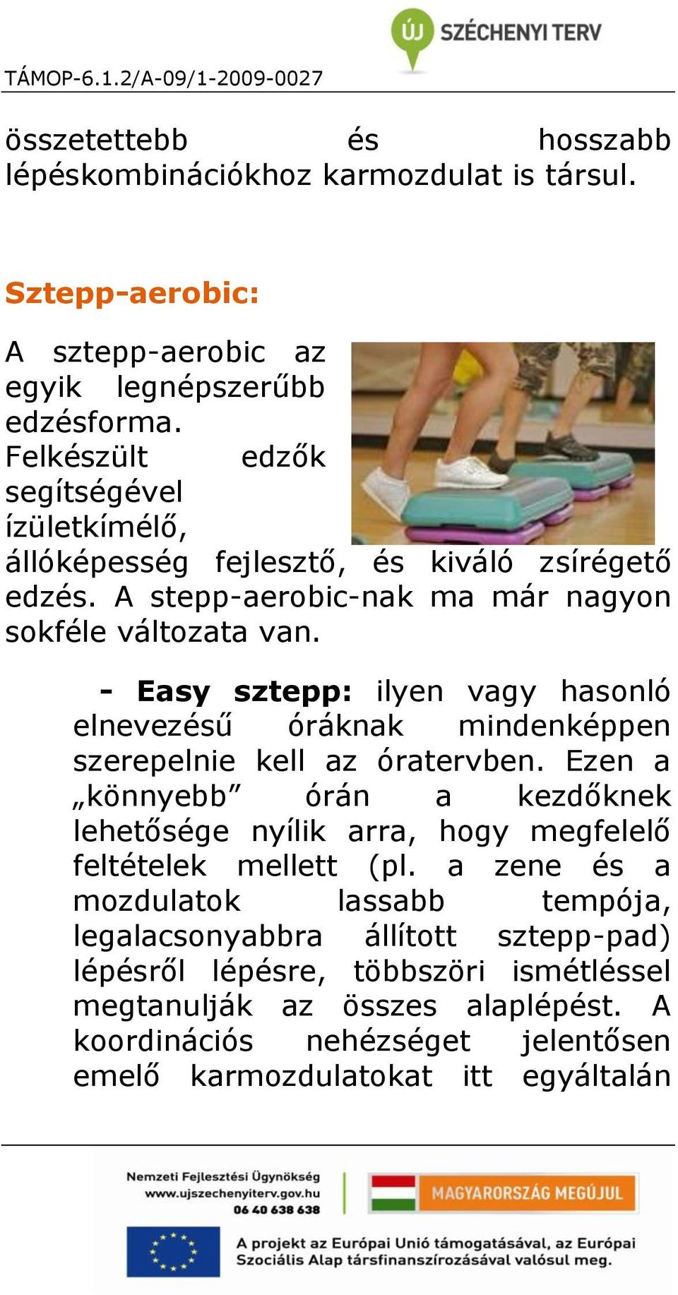 - Easy sztepp: ilyen vagy hasonló elnevezésű óráknak mindenképpen szerepelnie kell az óratervben.