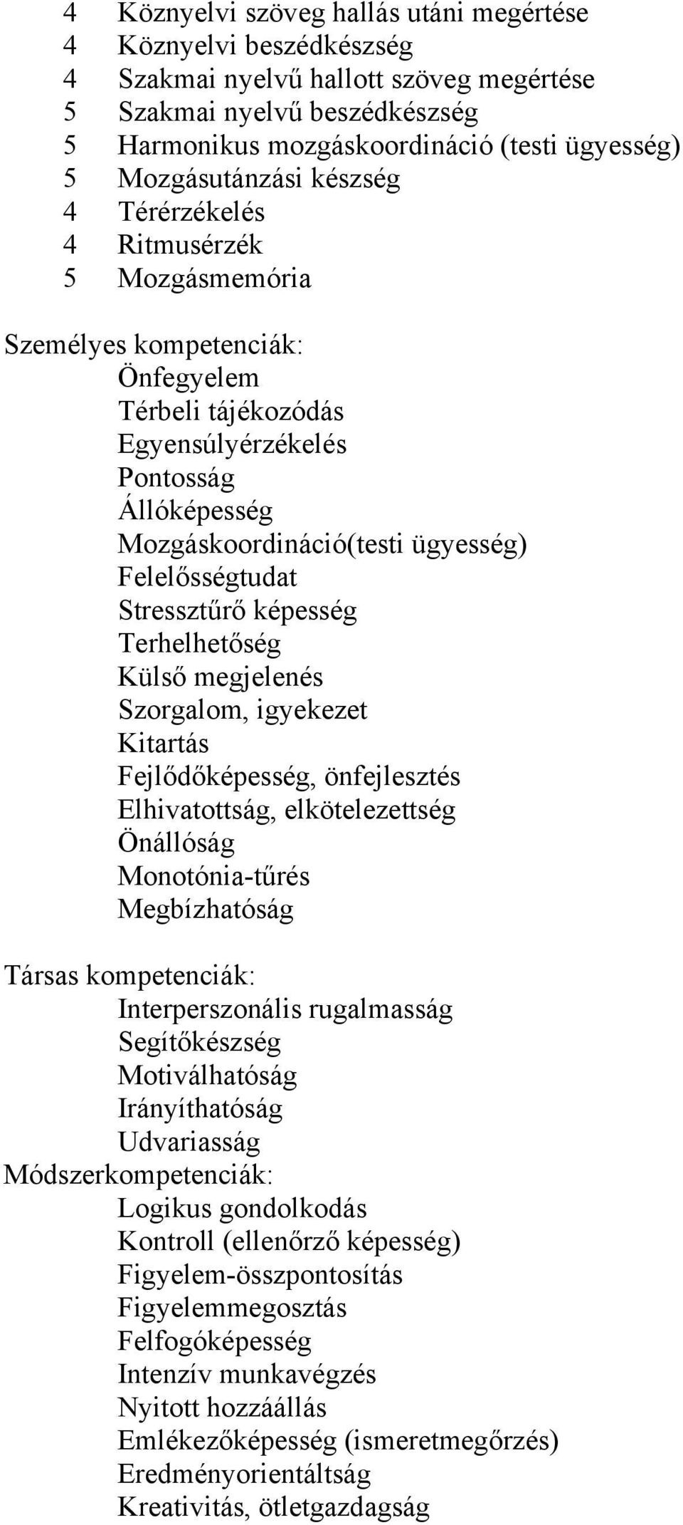 Felelősségtudat Stressztűrő képesség Terhelhetőség Külső megjelenés Szorgalom, igyekezet Kitartás Fejlődőképesség, önfejlesztés Elhivatottság, elkötelezettség Önállóság Monotónia-tűrés Megbízhatóság