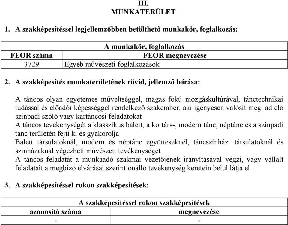 igényesen valósít meg, ad elő színpadi szóló vagy kartáncosi feladatokat A táncos tevékenységét a klasszikus balett, a kortárs-, modern tánc, néptánc és a színpadi tánc területén fejti ki és