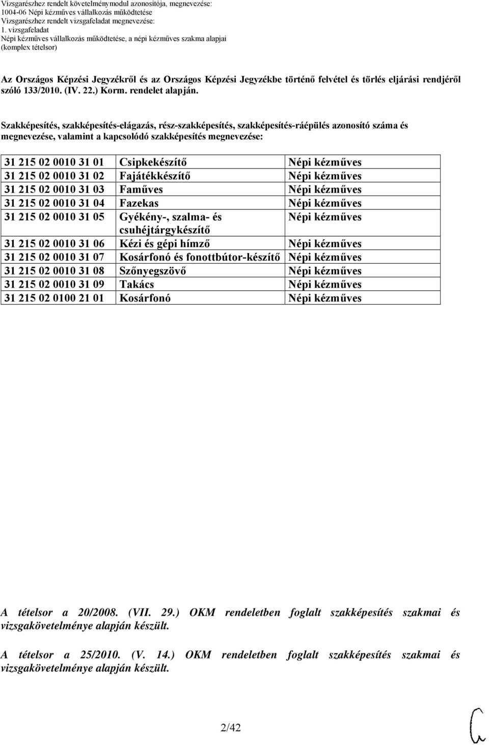 kézműves 31 215 02 00 31 02 Fajátékkészítő Népi kézműves 31 215 02 00 31 03 Faműves Népi kézműves 31 215 02 00 31 04 Fazekas Népi kézműves 31 215 02 00 31 05 Gyékény, szalma és Népi kézműves