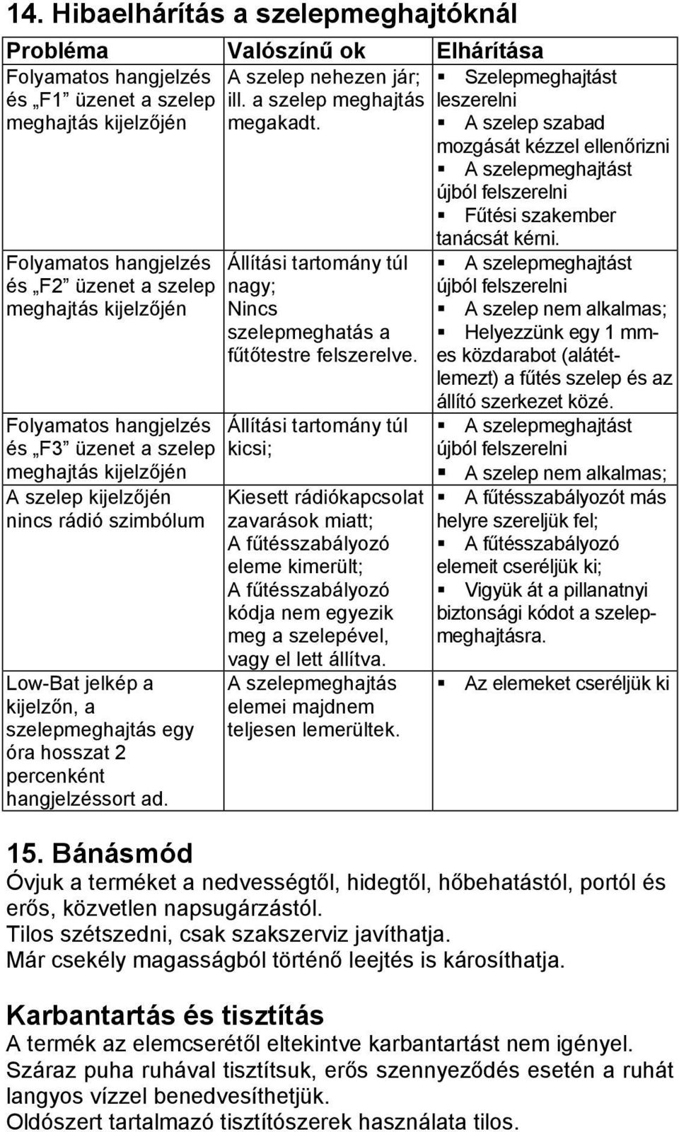 Folyamatos hangjelzés és F2 üzenet a szelep meghajtás kijelzőjén Állítási tartomány túl nagy; Nincs szelepmeghatás a fűtőtestre felszerelve.