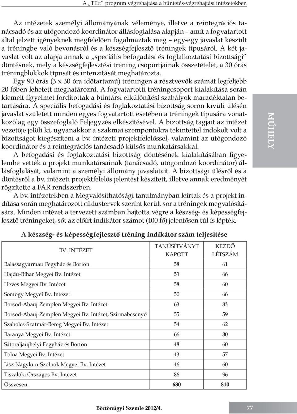 A két javaslat volt az alapja annak a speciális befogadási és foglalkoztatási bizottsági döntésnek, mely a készségfejlesztési tréning csoportjainak összetételét, a 30 órás tréningblokkok típusát és