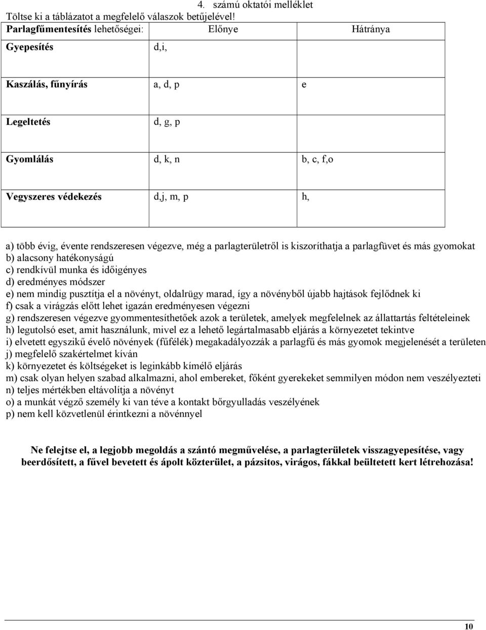 rendszeresen végezve, még a parlagterületről is kiszoríthatja a parlagfüvet és más gyomokat b) alacsony hatékonyságú c) rendkívül munka és időigényes d) eredményes módszer e) nem mindig pusztítja el