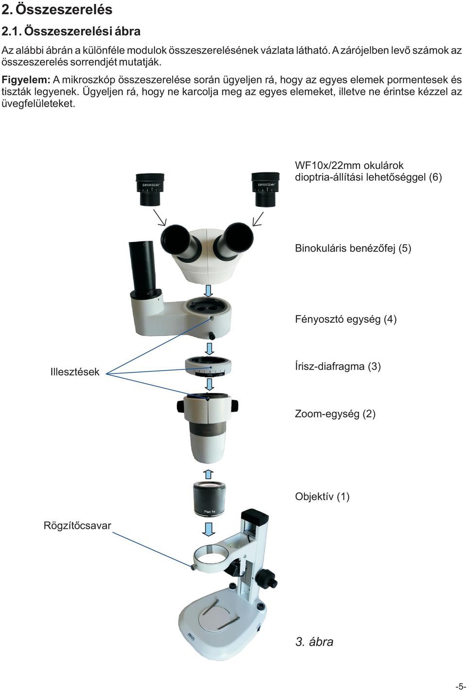 Figyelem: A mikroszkóp összeszerelése során ügyeljen rá, hogy az egyes elemek pormentesek és tiszták legyenek.