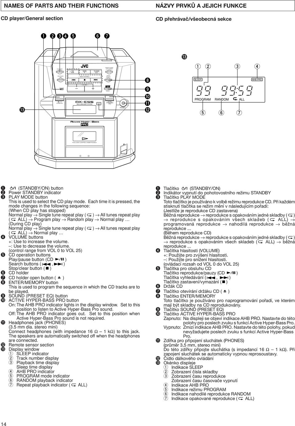 DECK 1 (STANDBY/ON) button 2 Power STANDBY indicator 3 PLAY MODE button This is used to select the CD play mode.