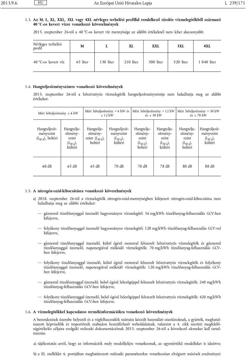 520 liter 1 040 liter 1.4. Hangteljesítményszintre vonatkozó követelmények 2015.