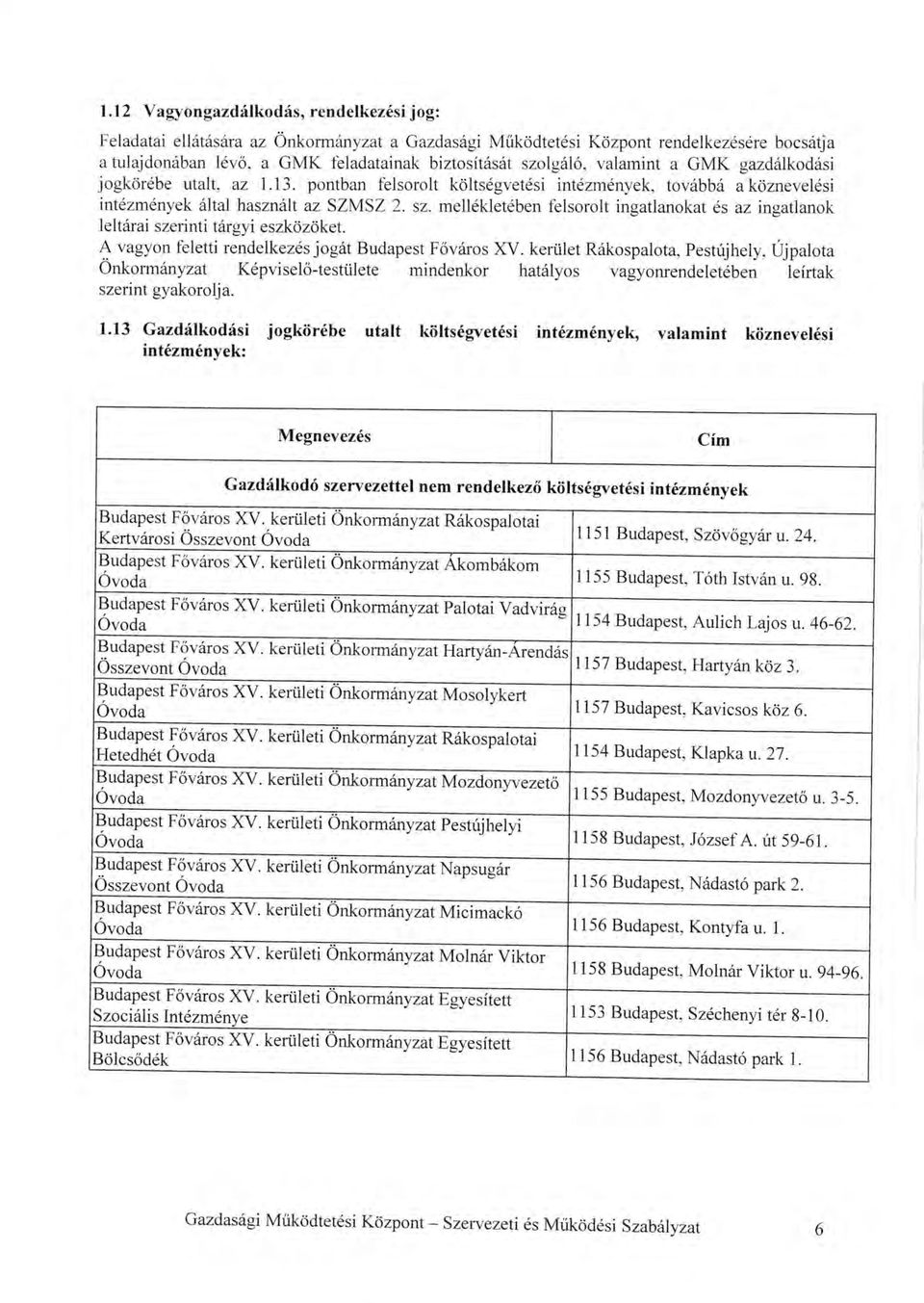 mell6kletdben felsorolt ingatlanokat es az ingatlanok lelt6rai szerinti t6rgyi eszk<izoket. A vagyon feletti rendelkez6s jog6t Budapest F6v6ros XV.