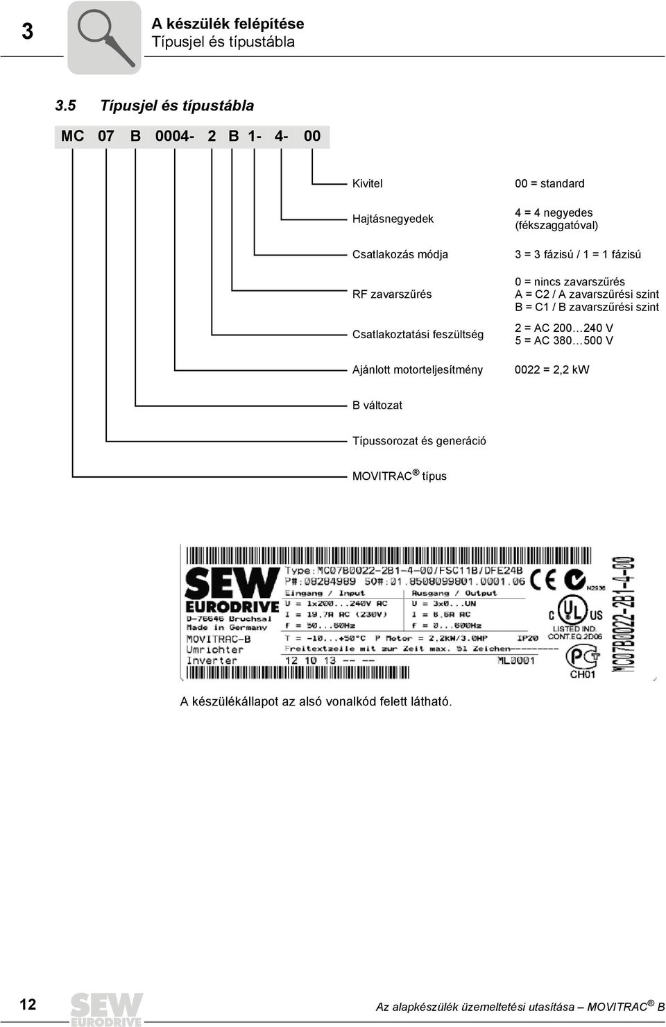 motorteljesítmény 00 = standard 4 = 4 negyedes (fékszaggatóval) 3 = 3 fázisú / 1 = 1 fázisú 0 = nincs zavarszűrés A = C2 / A zavarszűrési