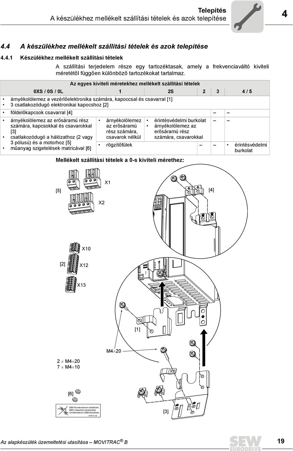 Az egyes kiviteli méretekhez mellékelt szállítási tételek 0XS / 0S / 0L 1 2S 2 3 4 / 5 árnyékolólemez a vezérlőelektronika számára, kapoccsal és csavarral [1] 3 csatlakozódugó elektronikai kapocshoz