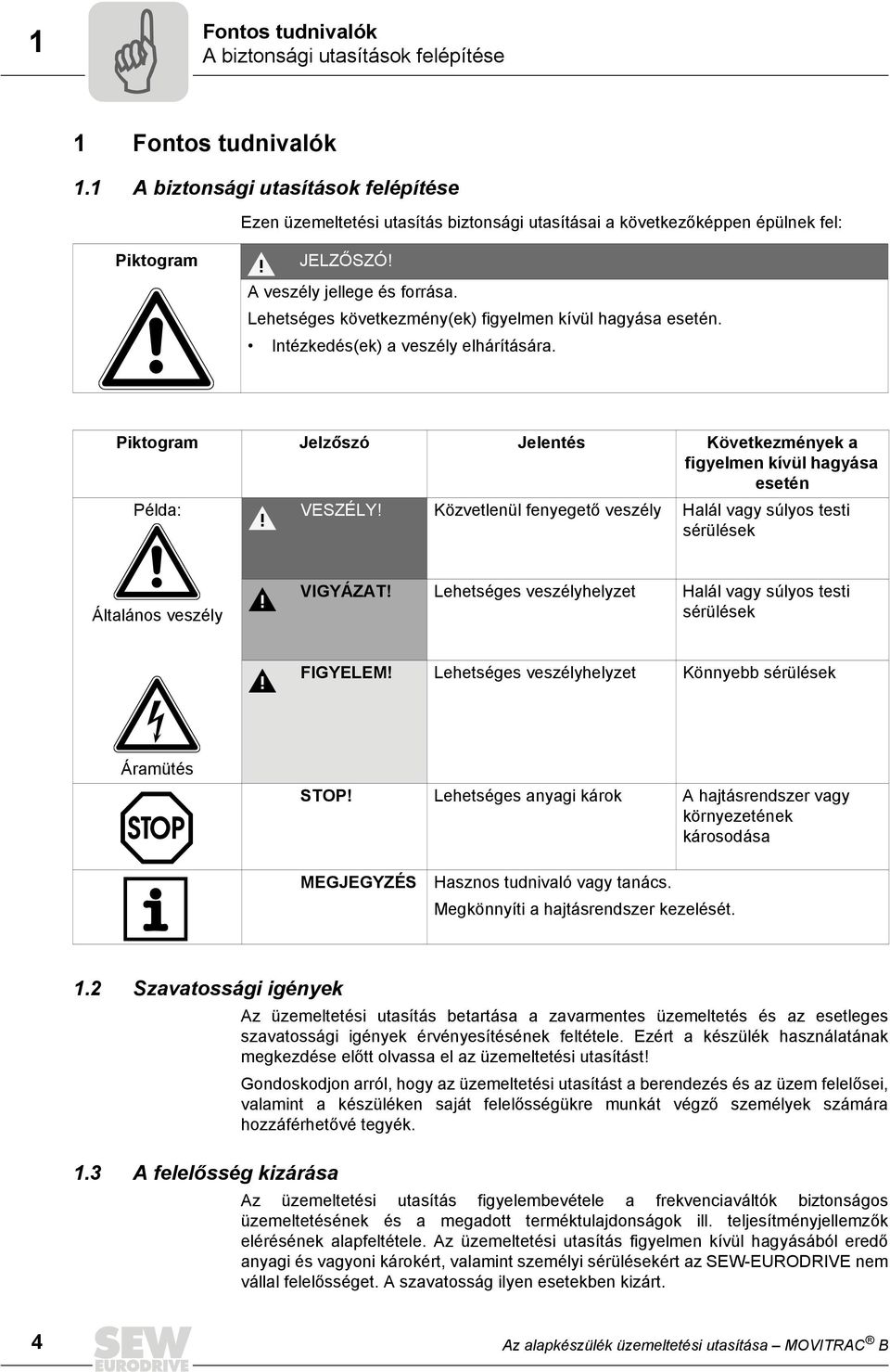 Lehetséges következmény(ek) figyelmen kívül hagyása esetén. Intézkedés(ek) a veszély elhárítására. Piktogram Jelzőszó Jelentés Következmények a figyelmen kívül hagyása esetén Példa: VESZÉLY!