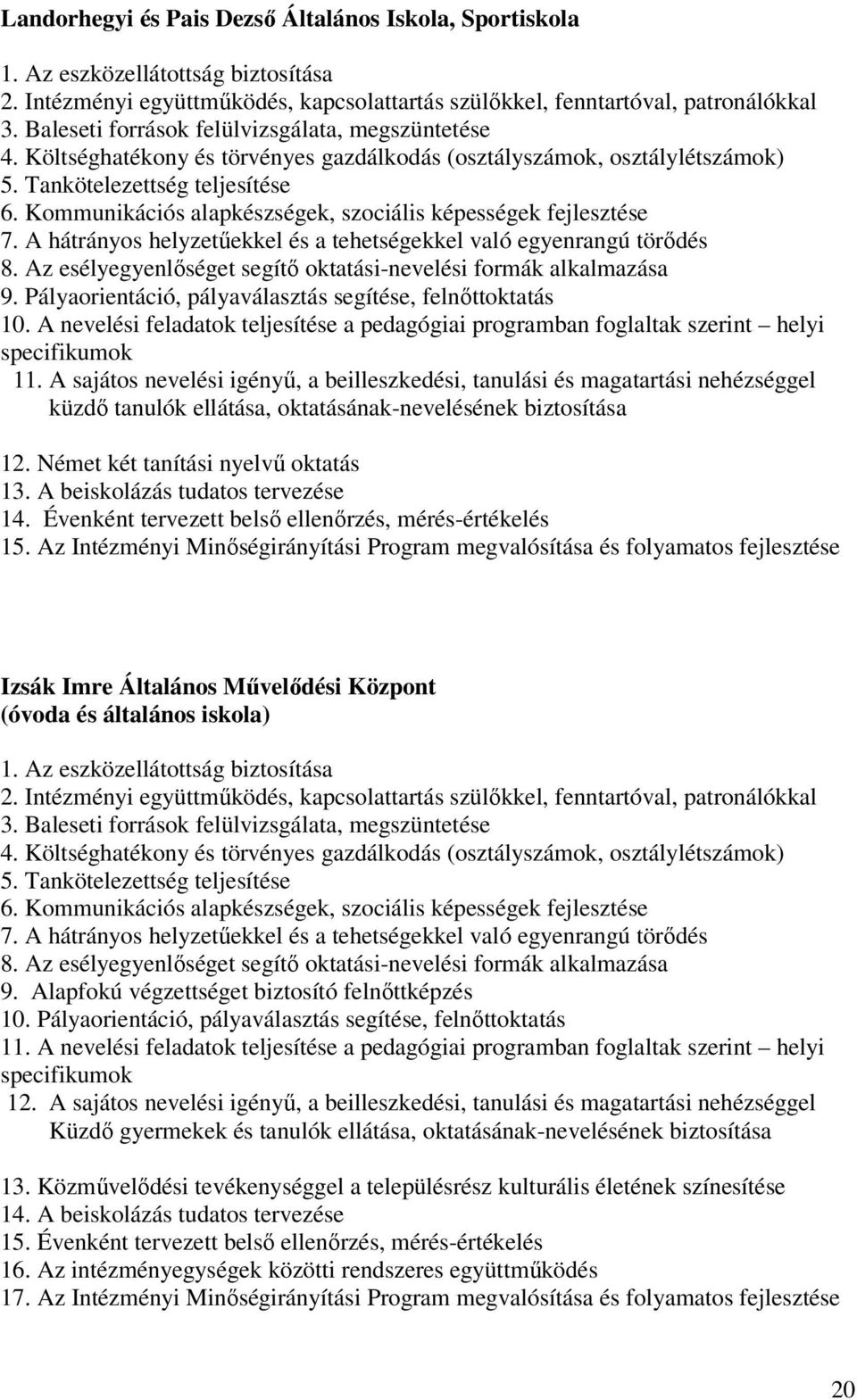 Kommunikációs alapkészségek, szociális képességek fejlesztése 7. A hátrányos helyzetűekkel és a tehetségekkel való egyenrangú törődés 8.