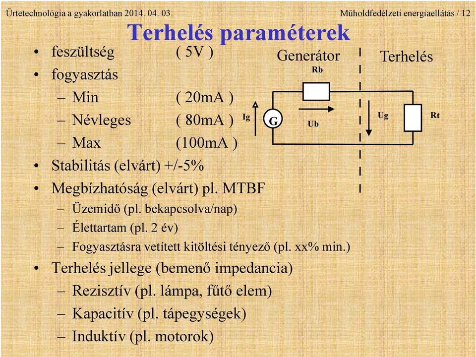 (100mA ) Stabilitás (elvárt) +/-5% Megbízhatóság (elvárt) pl. MTBF Ig G Generátor Üzemidő (pl.