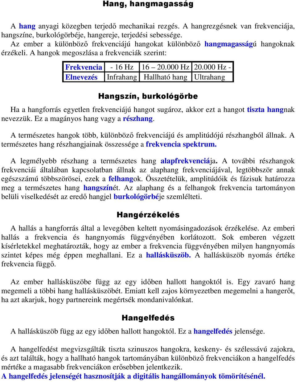 000 Hz - Elnevezés Infrahang Hallható hang Ultrahang Hangszín, burkológörbe Ha a hangforrás egyetlen frekvenciájú hangot sugároz, akkor ezt a hangot tiszta hangnak nevezzük.