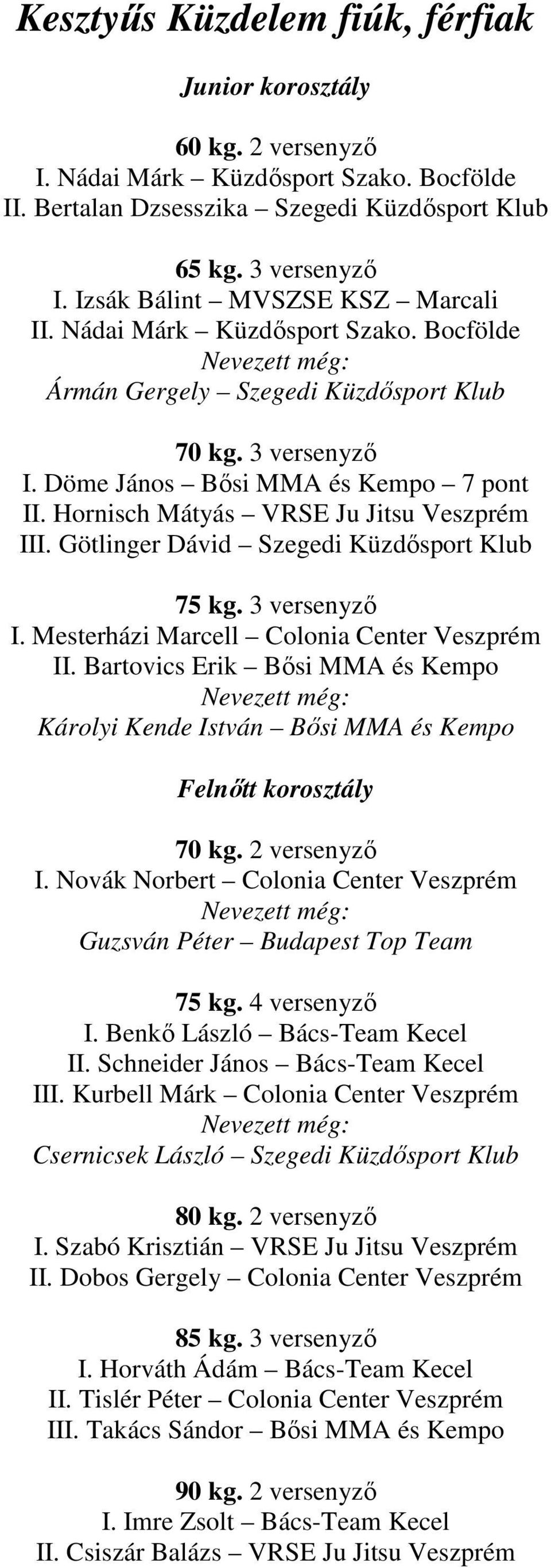 Hornisch Mátyás VRSE Ju Jitsu Veszprém III. Götlinger Dávid Szegedi Küzdısport Klub 75 kg. 3 versenyzı I. Mesterházi Marcell Colonia Center Veszprém II.