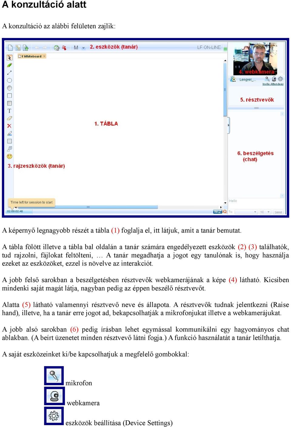 ezeket az eszközöket, ezzel is növelve az interakciót. A jobb felső sarokban a beszélgetésben résztvevők webkamerájának a képe (4) látható.