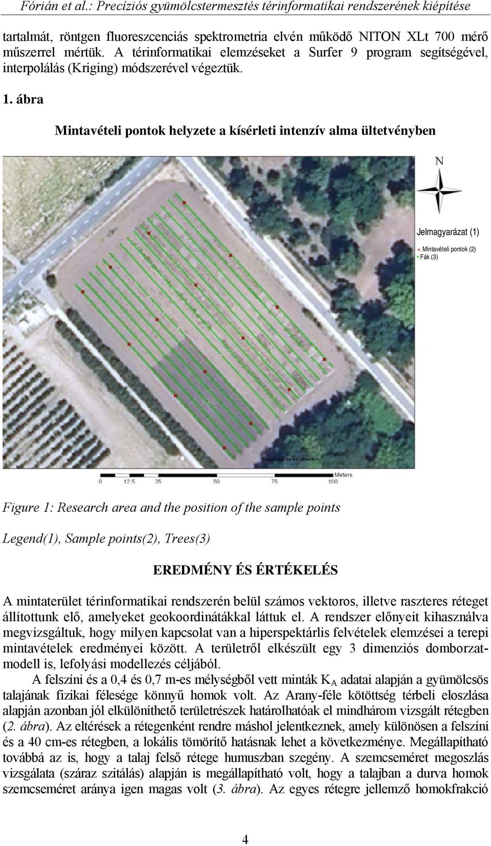 ábra Mintavételi pontok helyzete a kísérleti intenzív alma ültetvényben Jelmagyarázat (1) Mintavételi pontok (2) Fák (3) Figure 1: Research area and the position of the sample points Legend(1),