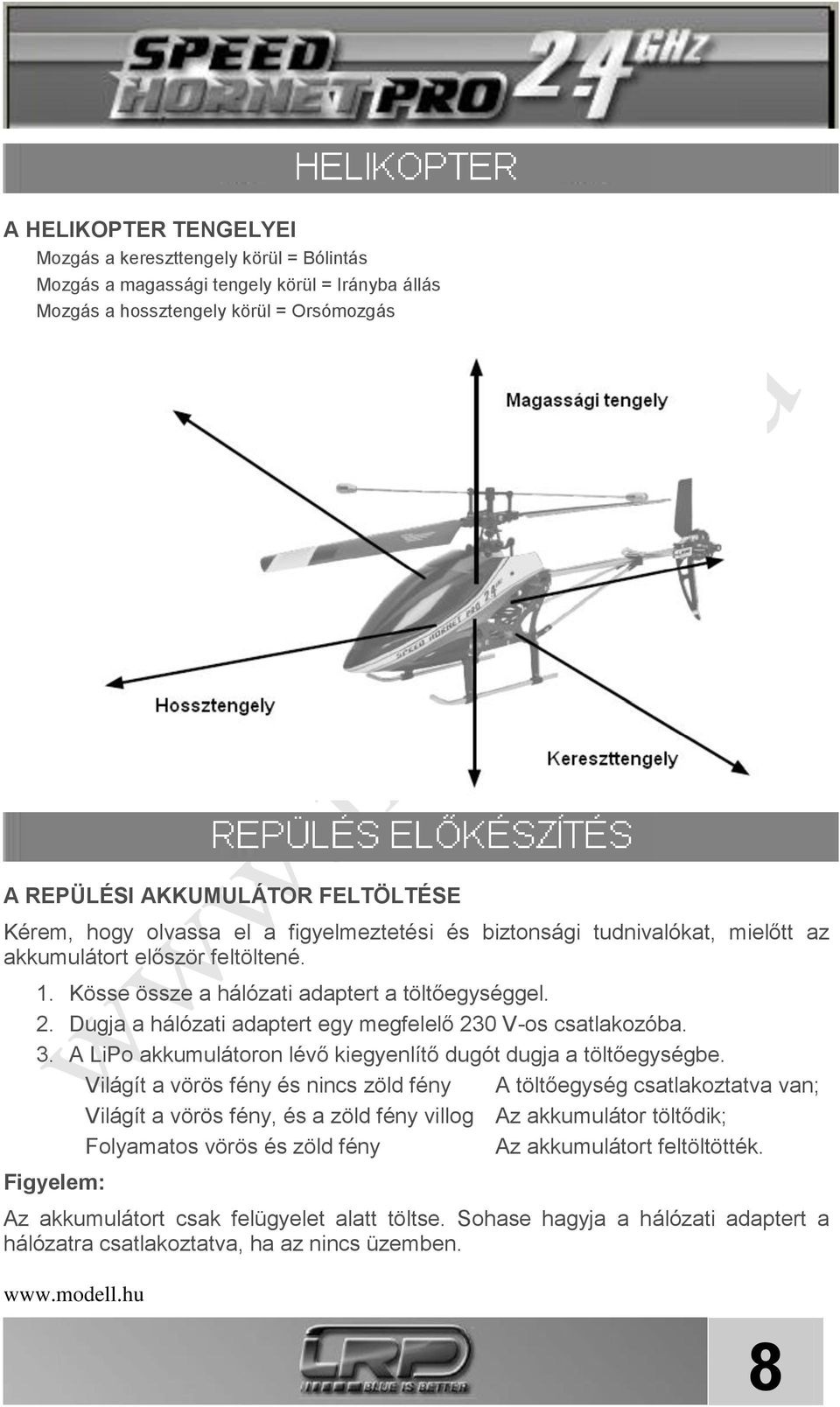 Dugja a hálózati adaptert egy megfelelő 230 V-os csatlakozóba. 3. A LiPo akkumulátoron lévő kiegyenlítő dugót dugja a töltőegységbe.