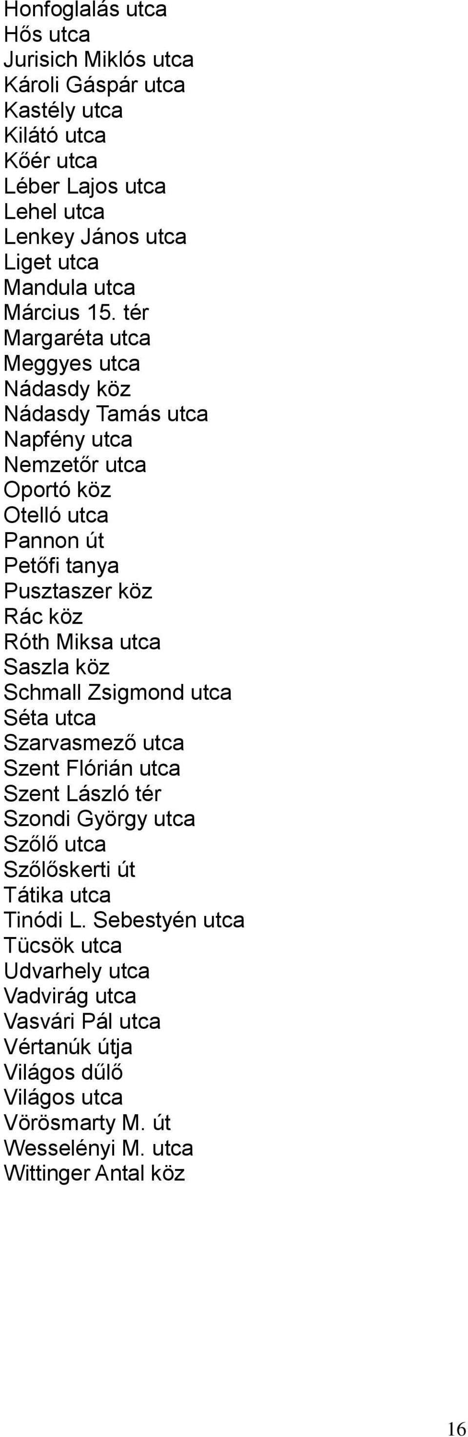 tér Margaréta utca Meggyes utca Nádasdy köz Nádasdy Tamás utca Napfény utca Nemzetőr utca Oportó köz Otelló utca Pannon út Petőfi tanya Pusztaszer köz Rác köz Róth Miksa