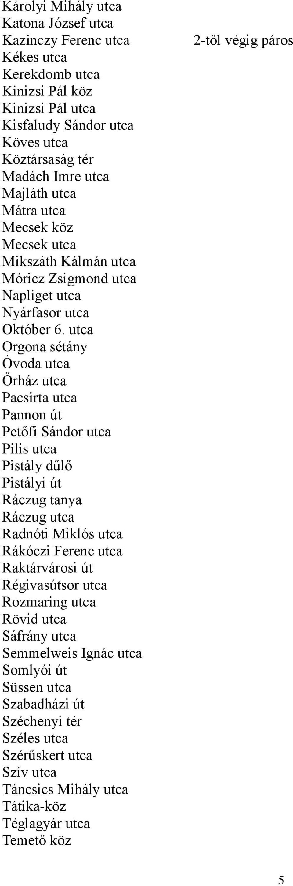 utca Orgona sétány Óvoda utca Őrház utca Pacsirta utca Pannon út Petőfi Sándor utca Pilis utca Pistály dűlő Pistályi út Ráczug tanya Ráczug utca Radnóti Miklós utca Rákóczi Ferenc utca