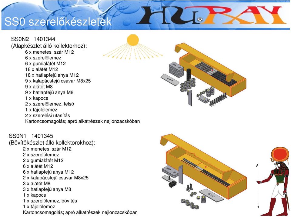 alkatrészek nejlonzacskóban SS0N1 1401345 (Bővítőkészlet álló kollektorokhoz): 2 x menetes szár M12 2 x szerelőlemez 2 x gumialátét M12 6 x alátét M12 6 x hatlapfejű