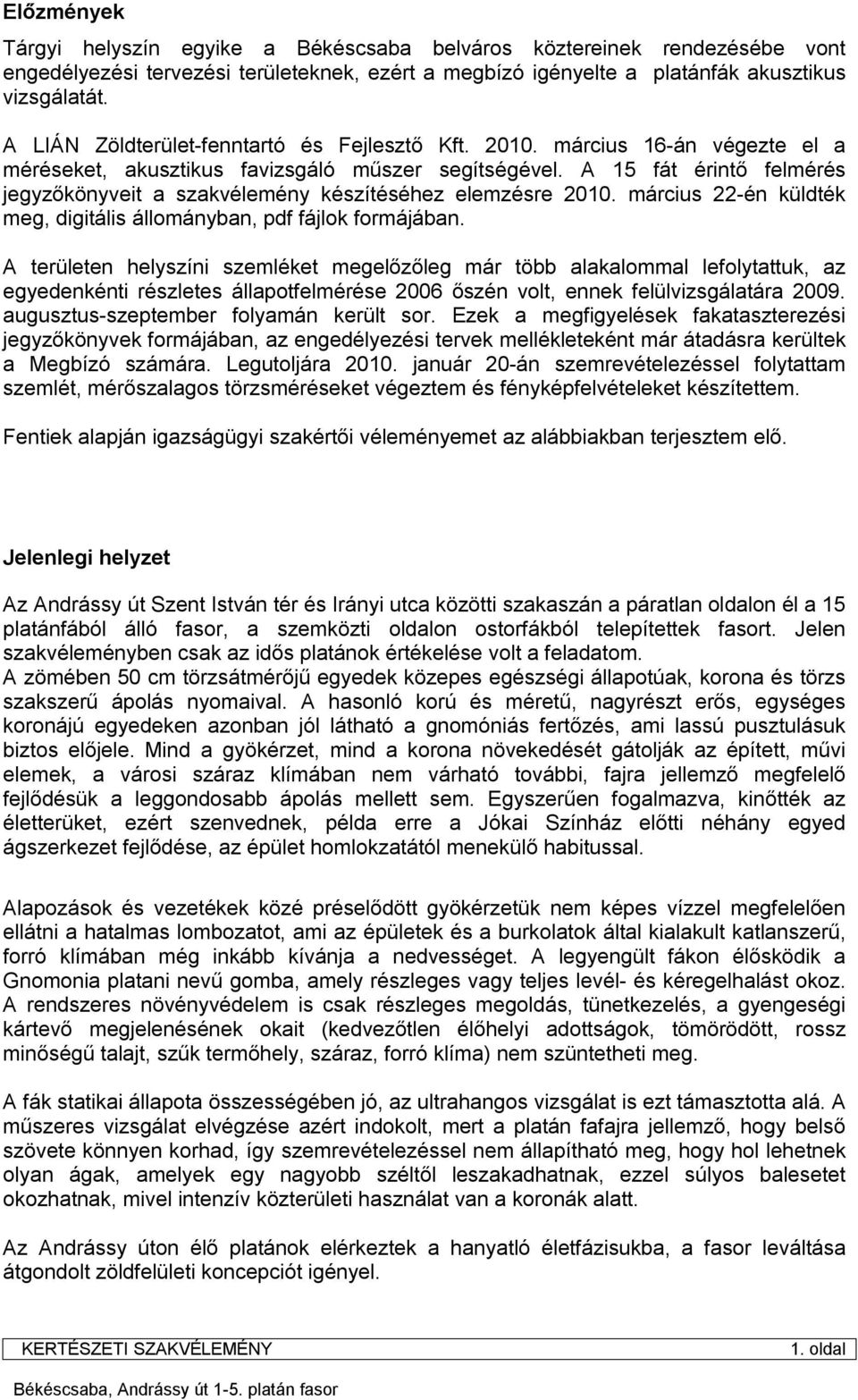 A 15 fát érintő felmérés jegyzőkönyveit a szakvélemény készítéséhez elemzésre 2010. március 22-én küldték meg, digitális állományban, pdf fájlok formájában.