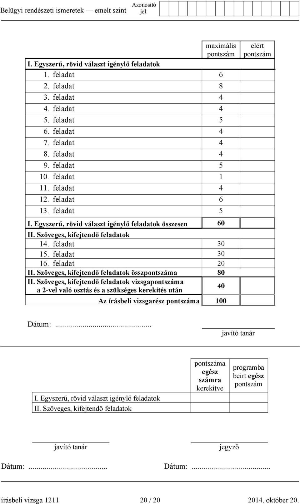 Szöveges, kifejtendő feladatok összpontszáma 80 II.