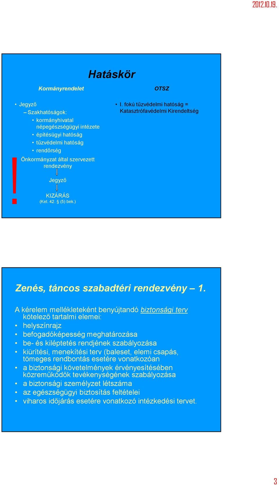 A kérelem mellékleteként benyújtandó biztonsági terv kötelező tartalmi elemei: helyszínrajz befogadóképesség meghatározása be- és kiléptetés rendjének szabályozása kiürítési, menekítési terv