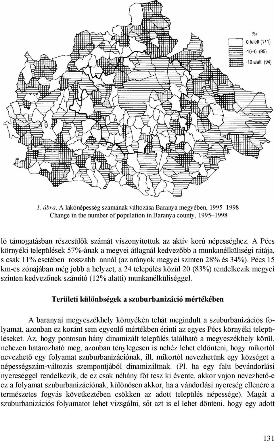 népességhez. A Pécs környéki települések 57%-ának a megyei átlagnál kedvezőbb a munkanélküliségi rátája, s csak 11% esetében rosszabb annál (az arányok megyei szinten 28% és 34%).