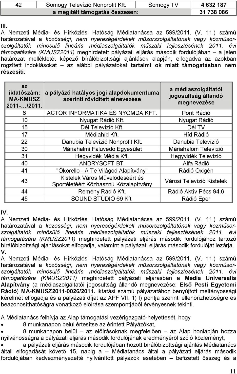 évi támogatására (KMUSZ2011) meghirdetett pályázati eljárás második fordulójában a jelen határozat mellékletét képező bírálóbizottsági ajánlások alapján, elfogadva az azokban rögzített indoklásokat