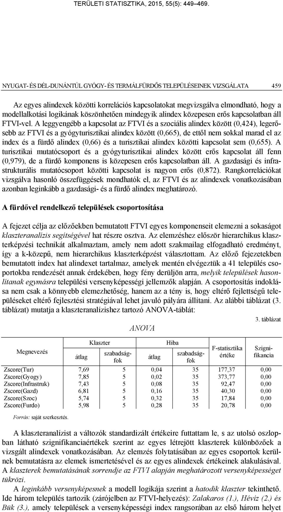 A leggyengébb a kapcsolat az FTVI és a szociális alindex között (0,424), legerősebb az FTVI és a gyógyturisztikai alindex között (0,665), de ettől nem sokkal marad el az index és a fürdő alindex