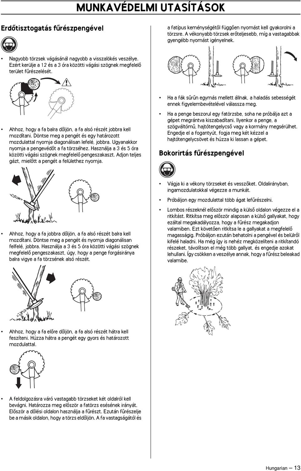 Ezért kerülje a 12 és a 3 óra közötti vágási szögnek megfelelœ terület fırészelését. Ha a fák sırın egymás mellett állnak, a haladás sebességét ennek figyelembevételével válassza meg.