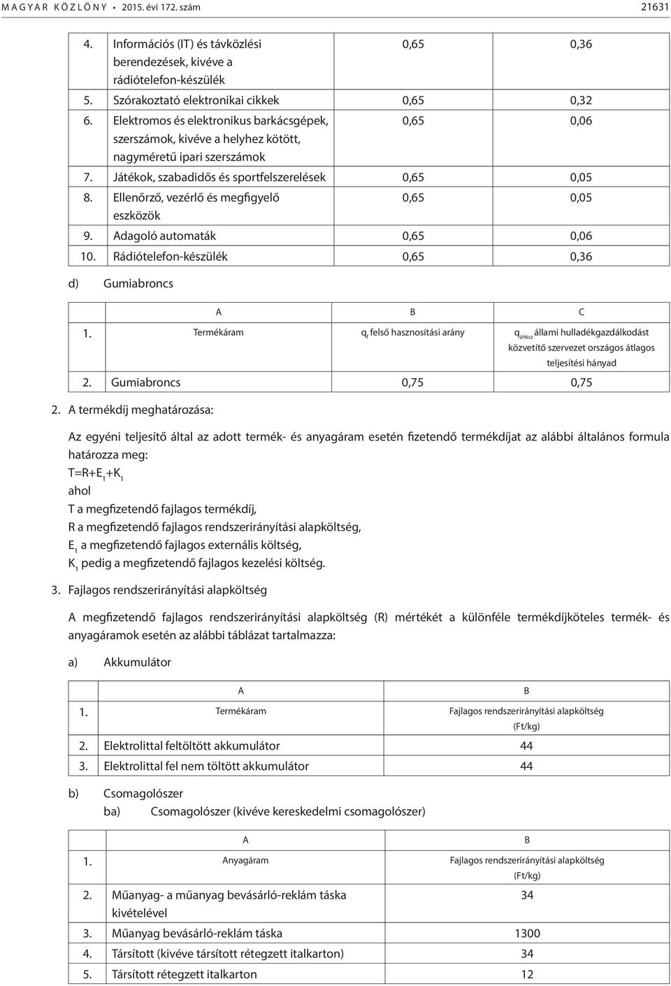 Ellenőrző, vezérlő és megfigyelő eszközök 0,65 0,05 9. dagoló automaták 0,65 0,06 10. Rádiótelefon-készülék 0,65 0,36 d) Gumiabroncs C 1.