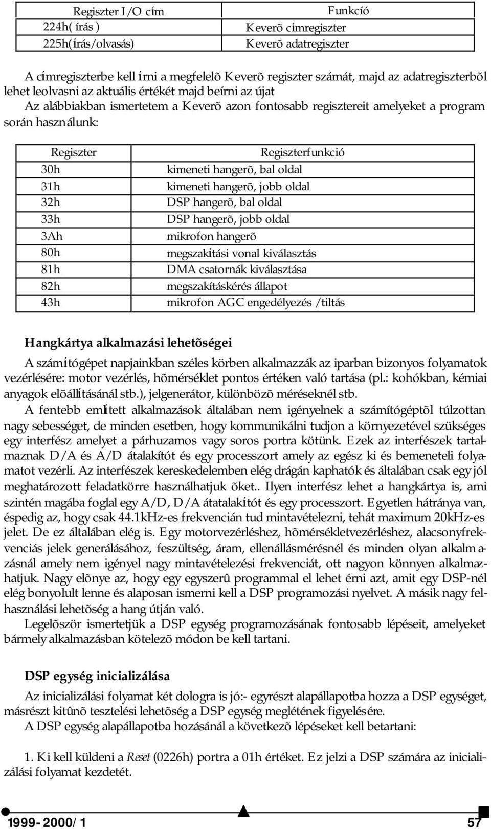 Regiszterfunkció kimeneti hangerõ, bal oldal kimeneti hangerõ, jobb oldal DSP hangerõ, bal oldal DSP hangerõ, jobb oldal mikrofon hangerõ megszakítási vonal kiválasztás DMA csatornák kiválasztása