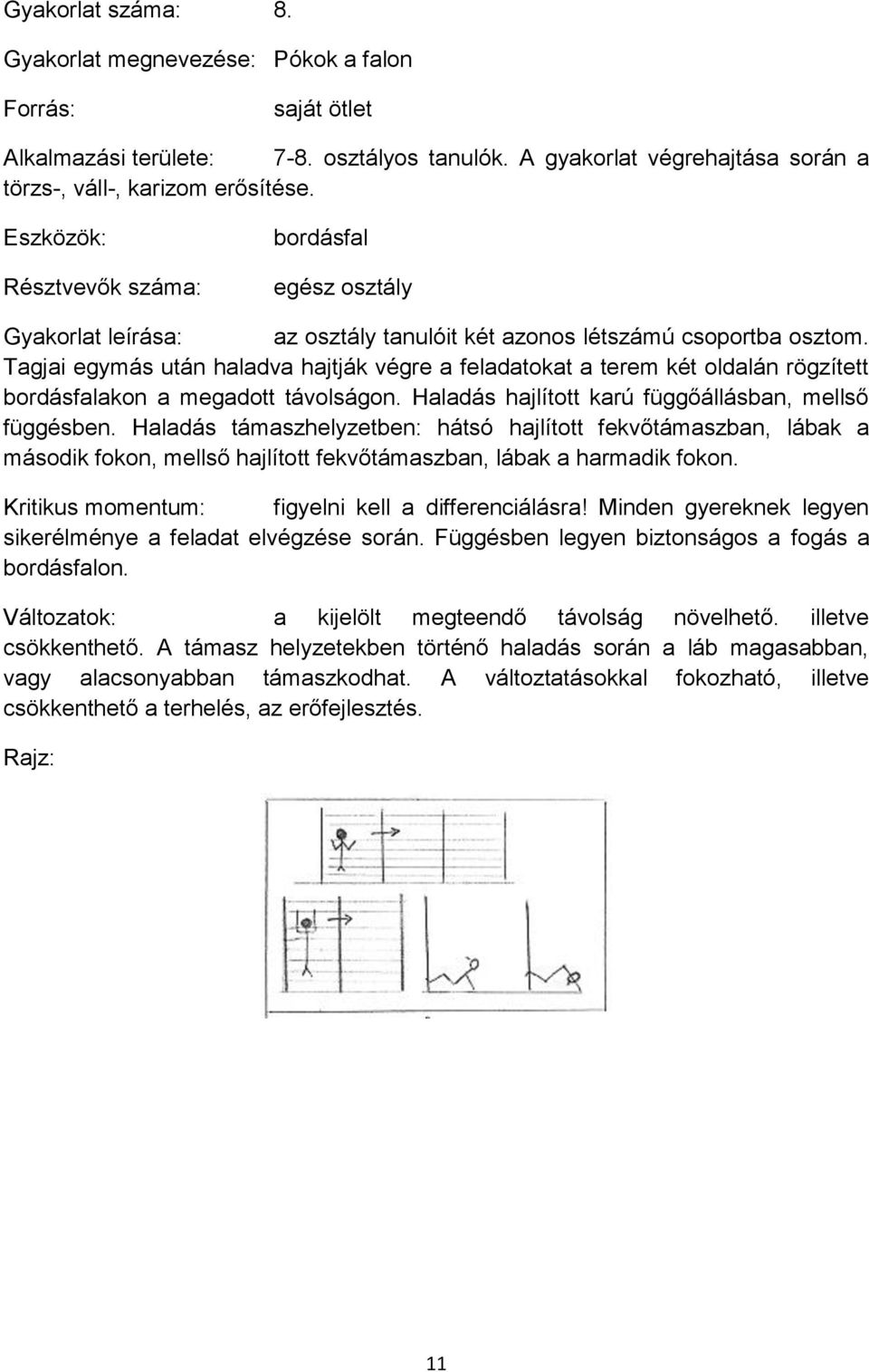 Tagjai egymás után haladva hajtják végre a feladatokat a terem két oldalán rögzített bordásfalakon a megadott távolságon. Haladás hajlított karú függőállásban, mellső függésben.