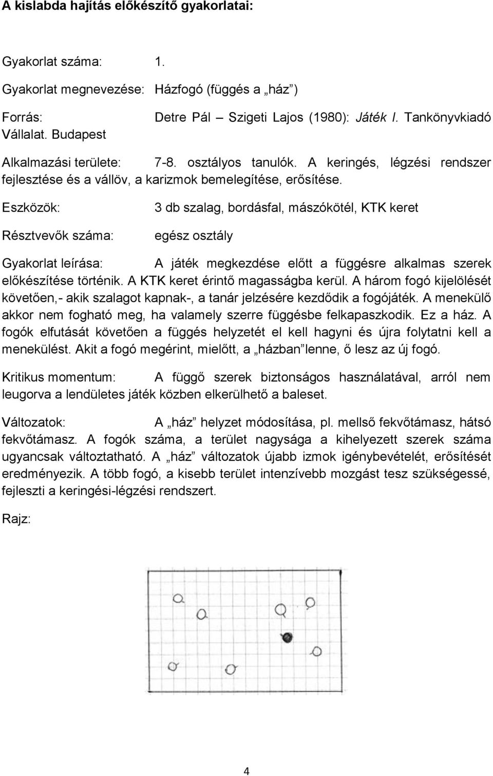 3 db szalag, bordásfal, mászókötél, KTK keret Gyakorlat leírása: A játék megkezdése előtt a függésre alkalmas szerek előkészítése történik. A KTK keret érintő magasságba kerül.