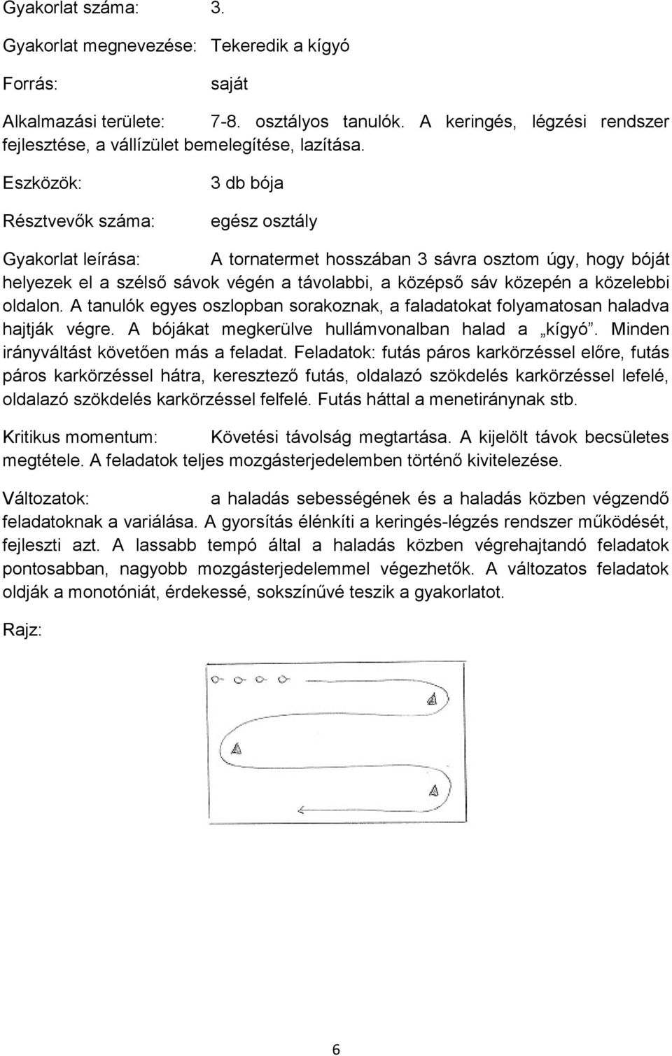 A tanulók egyes oszlopban sorakoznak, a faladatokat folyamatosan haladva hajtják végre. A bójákat megkerülve hullámvonalban halad a kígyó. Minden irányváltást követően más a feladat.