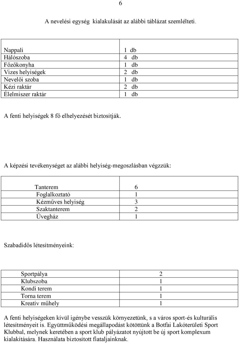 A képzési tevékenységet az alábbi helyiség-megoszlásban végzzük: Tanterem 6 Foglalkoztató 1 Kézműves helyiség 3 Szaktanterem 2 Üvegház 1 Szabadidős létesítményeink: Sportpálya 2 Klubszoba 1 Kondi